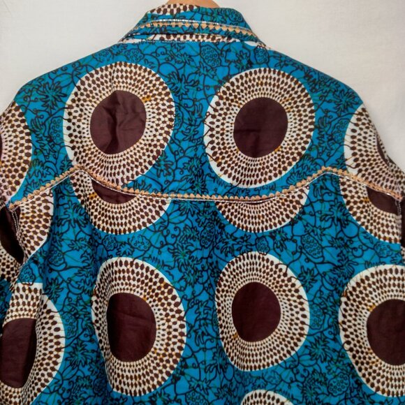 Handmade African Print Shirt Men XL Blue Tribal Mandala Fruit Snap Embroidered - Picture 16 of 16